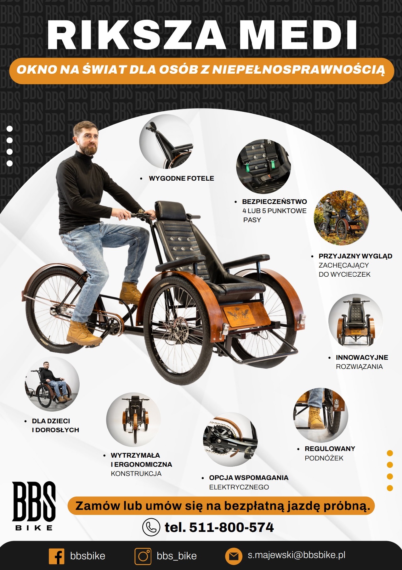 Ulotka promująca rikszę medyczną BBS Bike – rower transportowy dla osób z niepełnosprawnościami i seniorów.